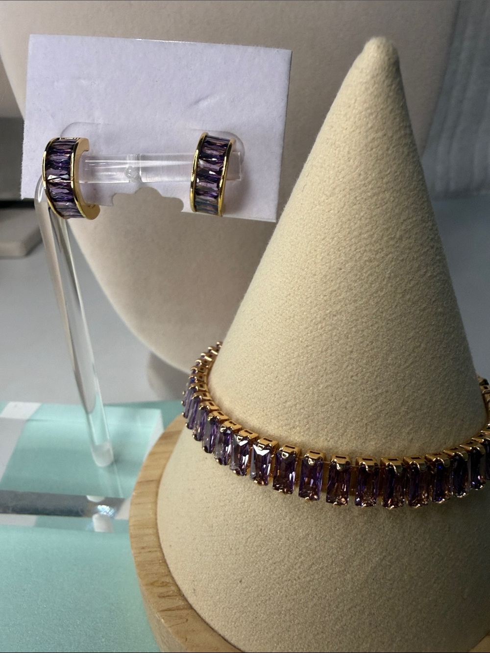 Gold Purple Crystal Tennis Bracelet and Hoop Earring Set